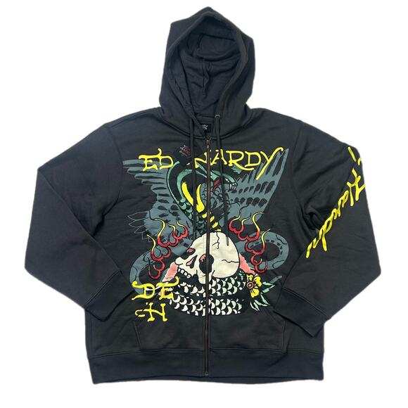 Ed Hardy Gray Big Logo Skull Cobra Snake Fire Zip Up Hoodie Men's XL - Picture 1 of 10